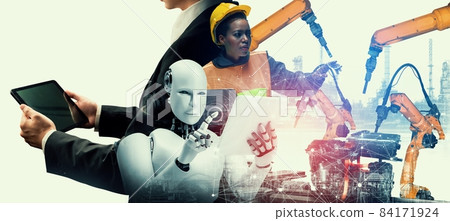 Mechanized industry robot and human worker working together in future factory 84171924