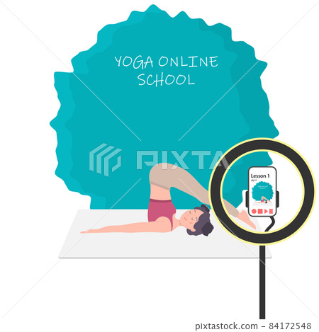 Women Yoga online. A cute girl leads a live broadcast of yoga lessons in an online yoga studio school. Yoga training via the Internet. Vector illustration. Women Yoga online. A cute girl leads a live broadcast of yoga lessons in an online yoga studio school. Yoga training via the Internet. Vector illustration. 84172548