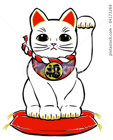 A plain beckoning cat sitting on a cushion and raising his left front leg, brush drawing and matte painting A plain beckoning cat sitting on a cushion and raising his left front leg, brush drawing and matte painting 84173269