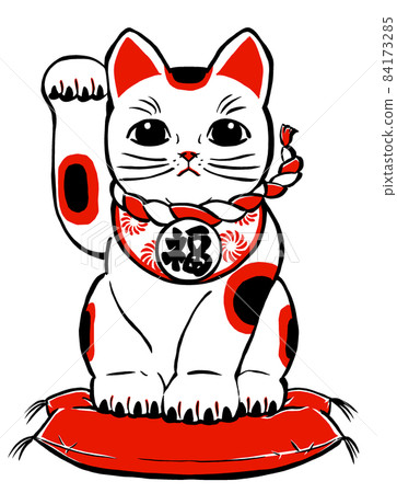 A calico cat sitting on a cushion and raising his right front leg, drawn with a brush, black and red 84173285