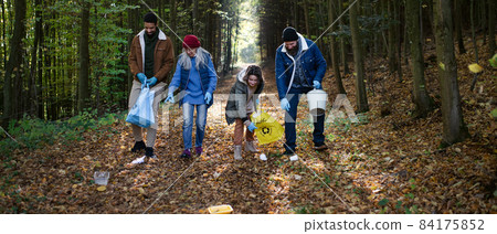 Diverse group of happy volunteers cleaning up forest from waste, community service concept. 84175852