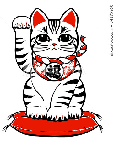 A beckoning cat with a tiger pattern sitting on a cushion and raising the right front leg, drawn with a brush, black and red A beckoning cat with a tiger pattern sitting on a cushion and raising the right front leg, drawn with a brush, black and red 84175950