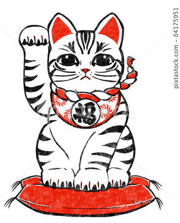 Maneki Neko with a tiger pattern sitting on a cushion and raising the right front leg, print style, black and red Maneki Neko with a tiger pattern sitting on a cushion and raising the right front leg, print style, black and red 84175951