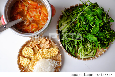 Top view Vietnamese vegan food, green vegetables hot pot homemade 84176327