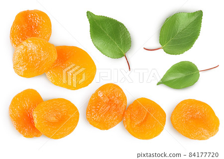 Dried apricots isolated on white background with clipping path and full depth of field. Top view. Flat lay 84177720