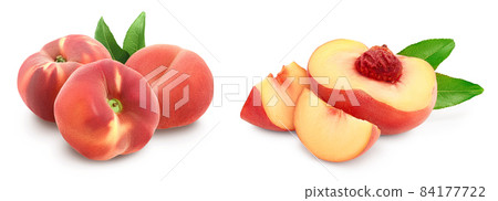 Ripe chinese flat peach fruit with leaf isolated on white background with clipping path and full depth of field. Set or collection Ripe chinese flat peach fruit with leaf isolated on white background with clipping path and full depth of field. Set or collection 84177722
