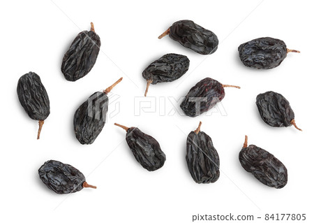 Black raisin isolated on white background with clipping path. Top view. Flat lay 84177805
