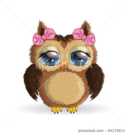 Cute Cartoon Owl with flowers and butterflies. - Stock Illustration ...