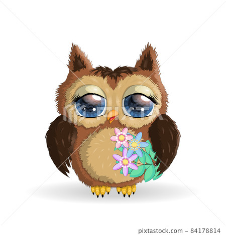 Cute Cartoon Owl with flowers and butterflies. - Stock Illustration ...