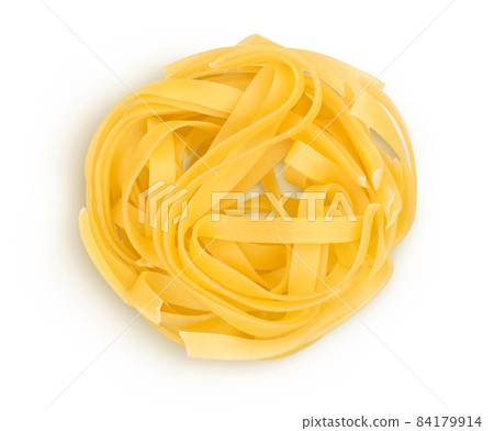 Raw tagliatelle pasta isolated on white background with clipping path and full depth of field. Top view. Flat lay 84179914