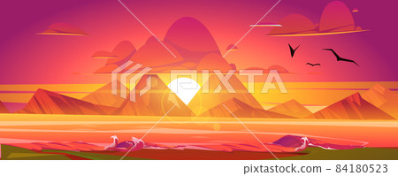 Sunset on ocean, red sky with sun going down. 84180523