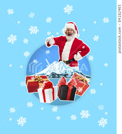 Emotional Santa Claus congratulating with New Year and Christmas 2022 all people in world. Contemporary art work Emotional Santa Claus congratulating with New Year and Christmas 2022 all people in world. Contemporary art work 84182465