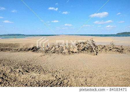 The moment when pumice stones (derived from Fukutoku-Okanoba) washed ashore on the beach on the coast of the main island of Okinawa soar in the waves 84183471