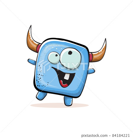 Vector cartoon funny blue monster with horn isolated on white background. Smiling silly blue monster print sticker design template. Ghost, troll, gremlin, goblin, devil and monster Vector cartoon funny blue monster with horn isolated on white background. Smiling silly blue monster print sticker design template. Ghost, troll, gremlin, goblin, devil and monster 84184221