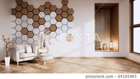 Hexagon wall on white room with arm chair and decoration plants. 3D rendering Hexagon wall on white room with arm chair and decoration plants. 3D rendering 84185965
