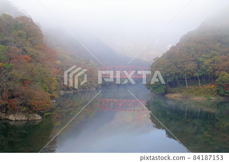 Scenery of autumn leaves on the shore of Lake Shinryu in the morning mist Scenery of autumn leaves on the shore of Lake Shinryu in the morning mist 84187153