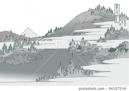 葛飾北齋圖像相模箱根湖水標題銀白色背景 葛飾北齋圖像相模箱根湖水標題銀白色背景 84187234