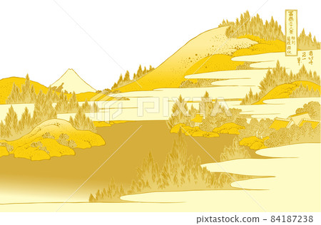 Katsushika Hokusai image Sagami Hakone Lake water title with gold white background 84187238