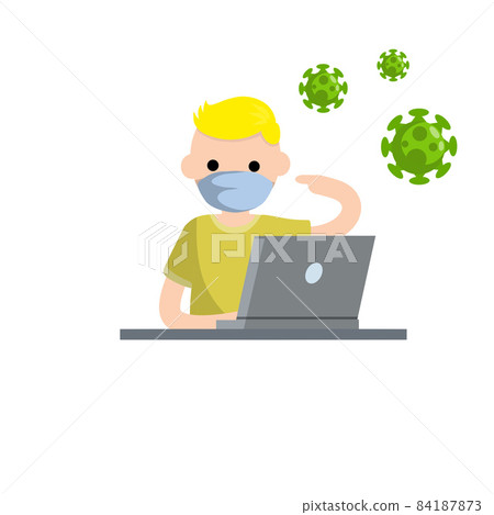 Man in medical mask at computer. Flat cartoon Man in medical mask at computer. Flat cartoon 84187873