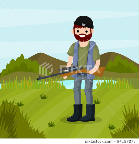 Man hunter with a gun. Survival in the woods. Man hunter with a gun. Survival in the woods. 84187875