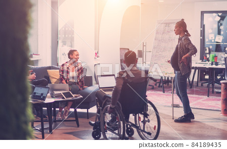 Pregnant Businesswoman Leads Creative Meeting Of Business Team In Modern Coworking open Space Office 84189435