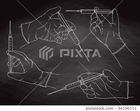 Doctor or scientist hands in latex gloves. Hands in sterile gloves holding syringe. Vector illustration 84190151