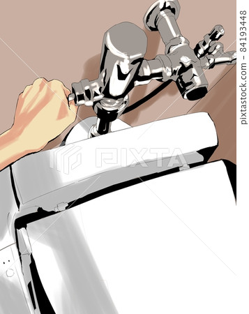 Colorful illustration of a realistic hand pushing a flush toilet lever Colorful illustration of a realistic hand pushing a flush toilet lever 84193448
