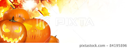 Scary Halloween pumpkin with eyes glowing inside on white background Scary Halloween pumpkin with eyes glowing inside on white background 84195896