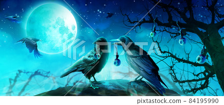 Horror background with scary crow in the darkness Horror background with scary crow in the darkness 84195990