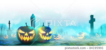 Halloween pumpkin face with burning fire inside in the graveyard. Halloween pumpkin face with burning fire inside in the graveyard. 84195991