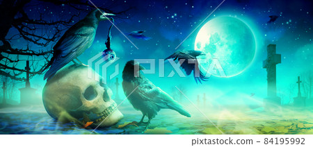 Scary halloween night with scull and crow in the graveyard. 84195992