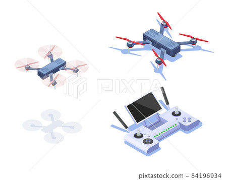 landing drone and remote control to it. Modern isometric vector illustration. Isometric concept. 84196934