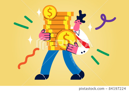 Happy man carry pile of money from successful investment Happy man carry pile of money from successful investment 84197224