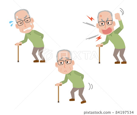 一個老人拄著拐杖的面部表情姿勢集插圖 84197534