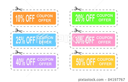 Discount coupons with different percentage offers. Set of coupons with dotted cut line and scissors icon isolated on white background. Vector flat illustration Discount coupons with different percentage offers. Set of coupons with dotted cut line and scissors icon isolated on white background. Vector flat illustration 84197767