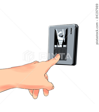 一隻手推對講機的彩色插圖 84197989