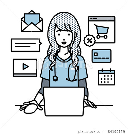 A nurse woman sitting at a desk and doing an online shop or marketing job on a PC 84199159