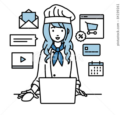 一位女廚師坐在辦公桌前，在 PC 上做網店或營銷工作 84199161