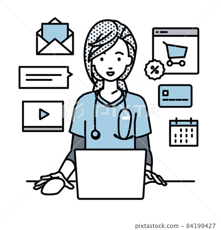 一位護士坐在辦公桌前，在 PC 上做網店或營銷工作 84199427