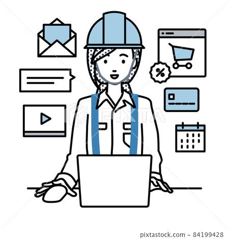 建築工地的一位女士坐在辦公桌前，在 PC 上做網上商店或營銷工作 84199428