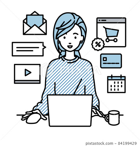 A remote work woman sitting at a desk and doing an online shop or marketing job on a PC A remote work woman sitting at a desk and doing an online shop or marketing job on a PC 84199429