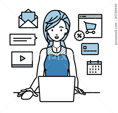 A woman in a dress sitting at a desk and doing an online shop or marketing job on a PC 84199430
