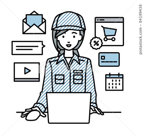 A female worker sitting at a desk and doing an online shop or marketing job on a PC 84199438