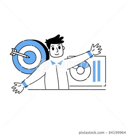 Businessman develops financial business strategy. Trading shares on stock exchange. Male investor. Happy character and business. Growth Chart. Outline cartoon 84199964
