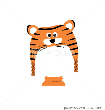 Orange tiger hat with a muzzle, black stripes and scarf. Template or frame for head. Festive decoration for holiday and party. Vector flat illustration Orange tiger hat with a muzzle, black stripes and scarf. Template or frame for head. Festive decoration for holiday and party. Vector flat illustration 84200095
