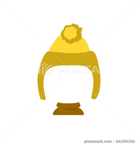 Knitted hat with pompom and scarf for cold season. Template or frame for head. Headdress, item of clothing, accessory for child. Vector flat illustration Knitted hat with pompom and scarf for cold season. Template or frame for head. Headdress, item of clothing, accessory for child. Vector flat illustration 84200100