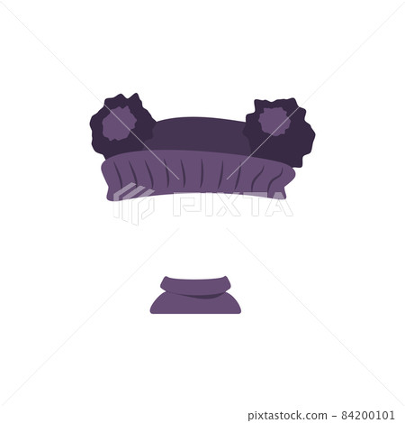 Knitted hat with pompom and scarf for cold season. Template or frame for head. Headdress, item of clothing, accessory for child. Vector flat illustration Knitted hat with pompom and scarf for cold season. Template or frame for head. Headdress, item of clothing, accessory for child. Vector flat illustration 84200101