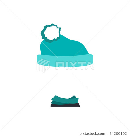 Knitted hat with pompom and scarf for cold season. Template or frame for head. Headdress, item of clothing, accessory for child. Vector flat illustration Knitted hat with pompom and scarf for cold season. Template or frame for head. Headdress, item of clothing, accessory for child. Vector flat illustration 84200102