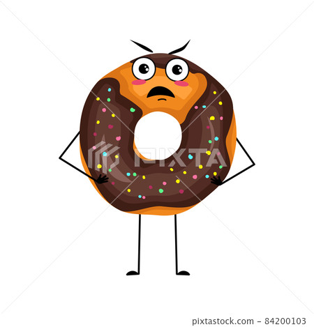 Cute glazed donut character with angry emotions, grumpy face, furious eyes, arms and legs. Irritated man baking dessert with furious expression. Vector flat illustration Cute glazed donut character with angry emotions, grumpy face, furious eyes, arms and legs. Irritated man baking dessert with furious expression. Vector flat illustration 84200103