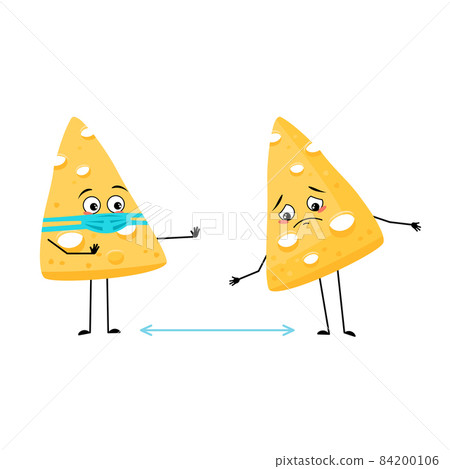 Cute cheese character with sad emotions, face and mask keep distance, arms and legs. Dairy meal or snack with depression expression. Vector flat illustration Cute cheese character with sad emotions, face and mask keep distance, arms and legs. Dairy meal or snack with depression expression. Vector flat illustration 84200106